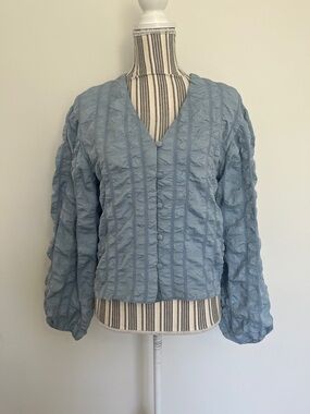 ASOS - Dusty Blue Textured V-Neck Button Front Top